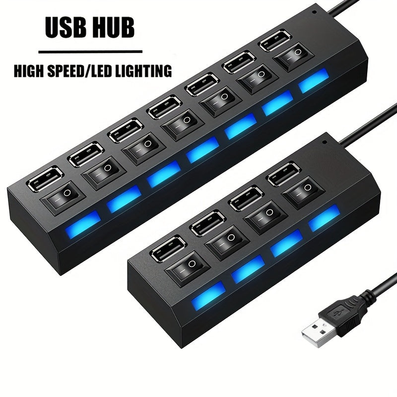 Hub USB 2.0 cu 4/7 Porturi și LED + Comutator On/Off pentru PC și Laptop
