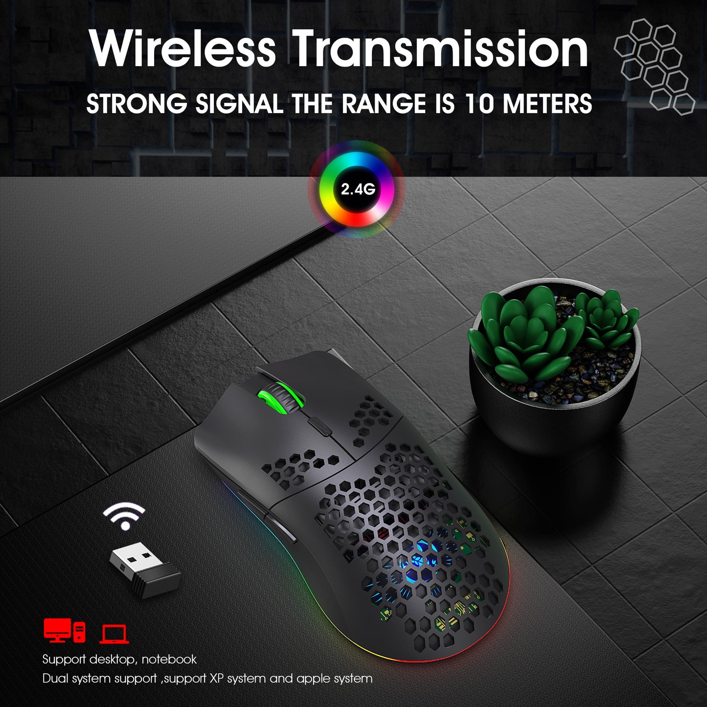 Mouse Wireless HXSJ cu Iluminare RGB și Baterie Reîncărcabilă