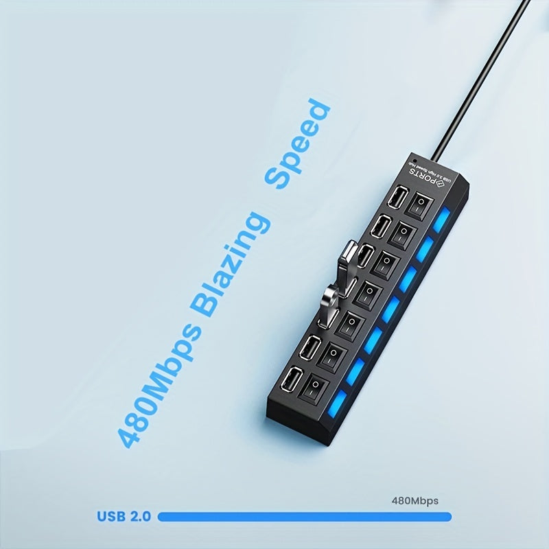 Hub USB 2.0 cu 4/7 Porturi și LED + Comutator On/Off pentru PC și Laptop